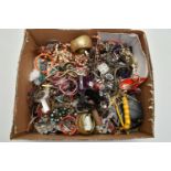 A BOX OF ASSORTED COSTUME JEWELLERY, to include beaded necklaces, bracelets, bangles, earrings,