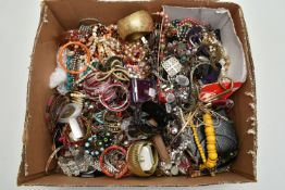 A BOX OF ASSORTED COSTUME JEWELLERY, to include beaded necklaces, bracelets, bangles, earrings,