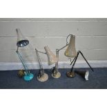 FOUR VARIOUS HERBERT TERRY ANGLEPOISE DESK LAMPS, in green/silver, two light brown and one dark