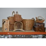 A QUANTITY OF WICKER BASKETS TOGETHER WITH TWO WOODEN BOXES, comprising three picnic hampers, five