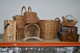 A QUANTITY OF WICKER BASKETS TOGETHER WITH TWO WOODEN BOXES, comprising three picnic hampers, five