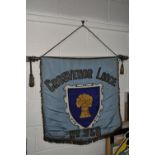 A MASONIC GROSVENOR LODGE No938 BANNER, the blue silk background has a shield motif with a sheaf
