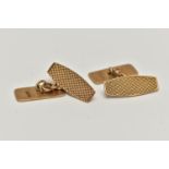 A PAIR OF 9CT GOLD CUFFLINKS, of rectangular form, engine turned pattern on one side with engraved