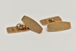 A PAIR OF 9CT GOLD CUFFLINKS, of rectangular form, engine turned pattern on one side with engraved