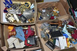A BOX CONTAINING THREE BOXES OF MASONIC JEWELS ETC, including a Stratton powder compact with Masonic