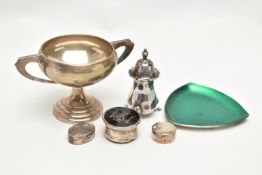 A SMALL PARCEL OF 20TH CENTURY SILVER AND PLATE, comprising a small George V twin handled trophy cup