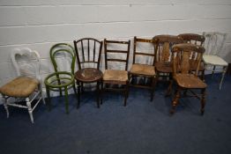 A SELECTION OF VINTAGE CHAIRS, to include three beech kitchen chairs, two bentwood chairs (one