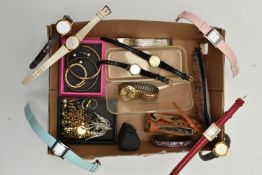 A BOX OF ASSORTED ITEMS, to include a small selection of costume jewellery, a white metal hinged