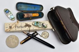 A PAIR OF 'ASPREY LONDON' OPERA GLASSES, AMBER CHEROOT AND OTHER ITEMS, a pair of folding opera