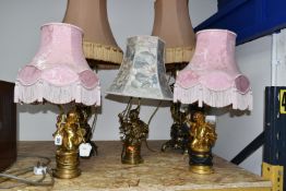 FIVE FIGURAL TABLE LAMPS, comprising a pair of cast metal and marble table lamps, each cast with