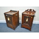 A LATE VICTORIAN ROSEWOOD EFFECT AND MARQUETY FALL FRONT PURDONIUM, with a brass gallery, and