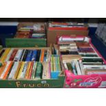 FIVE BOXES OF BOOKS containing over 185 miscellaneous titles in paperback format, most titles are