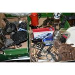 THREE BOXES OF ASSORTED METAL WARES ETC, to include two Spong 90 mincers, Spong 630 slicer,