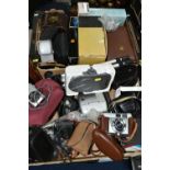 THREE BOXES OF CAMERAS, TRIPOD AND EQUIPMENT, to include a German leather cased Bilora camera