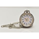 A LADYS OPEN FACE POCKET WATCH AND ALBERT CHAIN, the key wound pocket watch, round white dial