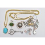 A 9CT GOLD PENDANT AND ASSORTED WHITE METAL JEWELLERY, to include an oval turqouse cabochon, prong