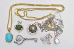 A 9CT GOLD PENDANT AND ASSORTED WHITE METAL JEWELLERY, to include an oval turqouse cabochon, prong