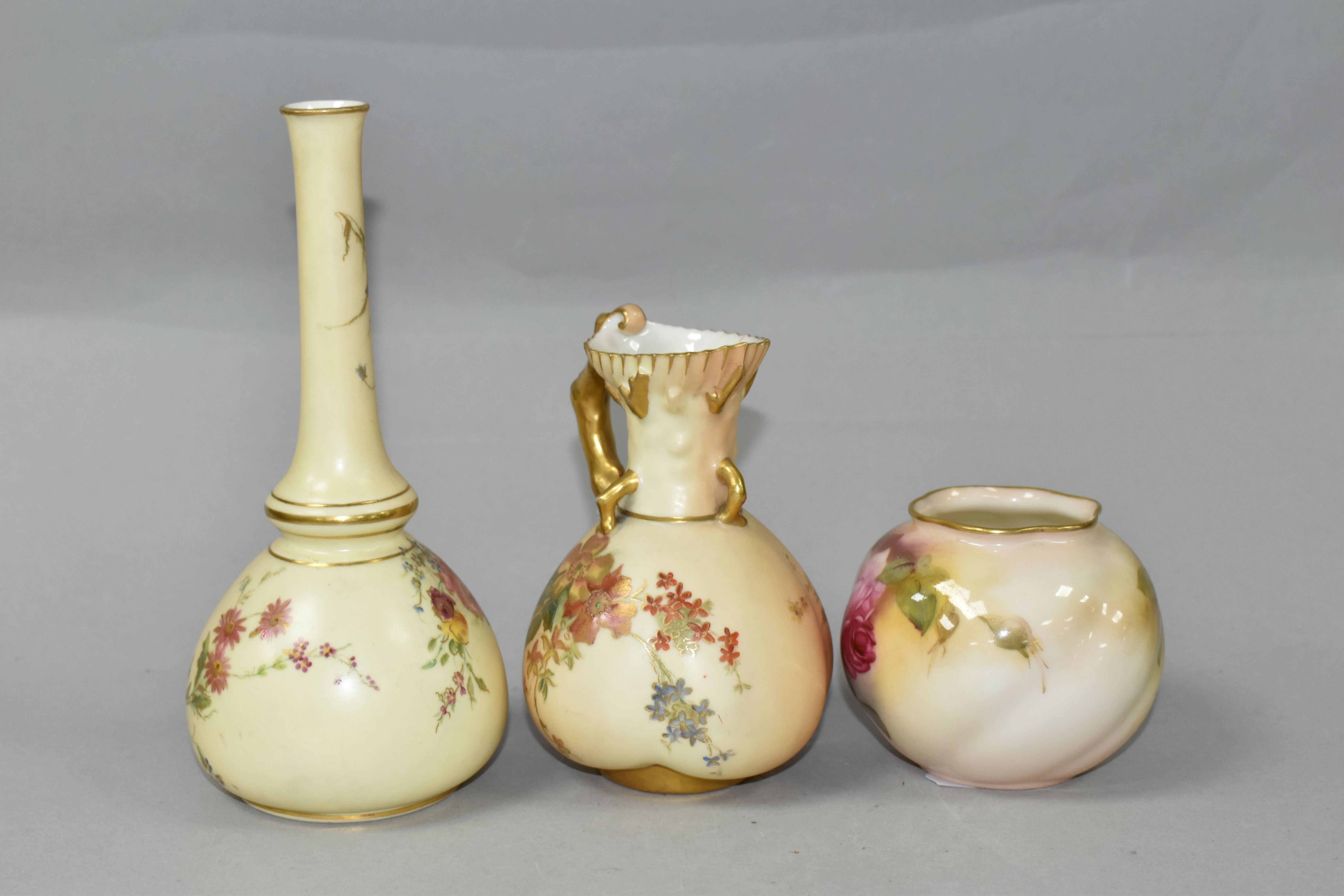 THREE PIECES OF ROYAL WORCESTER BLUSH IVORY PORCELAIN, comprising a jug with fluted rim and gilt - Image 3 of 5