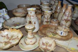 A QUANTITY OF CROWN DEVON BLUSH IVORY PORCELAIN, comprising four vases, four jugs (one broken