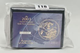 A ROYAL MINT GOLD PROOF 2003 SOVEREIGN COIN, still sealed, mintage of 8,915