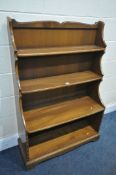 AN ERCOL WINDSOR ELM OPEN WATERFALL BOOKCASE, width 87cm x depth 33cm x height 128cm (condition:-