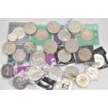 A PACKET OF COINS AND COMMEMORATIVES, to include 1887 LX1 Victoria Crown, 1921 Morgan Dollar, 1937