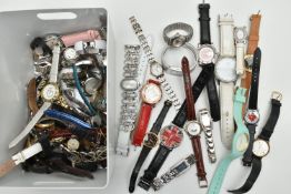 A TRAY OF ASSORTED WRISTWATCHES, ladys, gents and childrens, names to include 'Seksy, Mezzo,