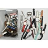 A TRAY OF ASSORTED WRISTWATCHES, ladys, gents and childrens, names to include 'Seksy, Mezzo,