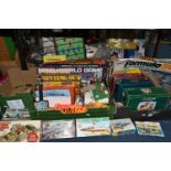 FIVE BOXES OF VINTAGE TOYS AND GAMES ETC, to include Test Match, Question of Sport, Trivial Pursuit,