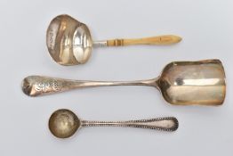 TWO 19TH CENTURY SILVER CADDY SPOONS AND A BEAD PATTERN CONDIMENT SPOON, one caddy spoon with