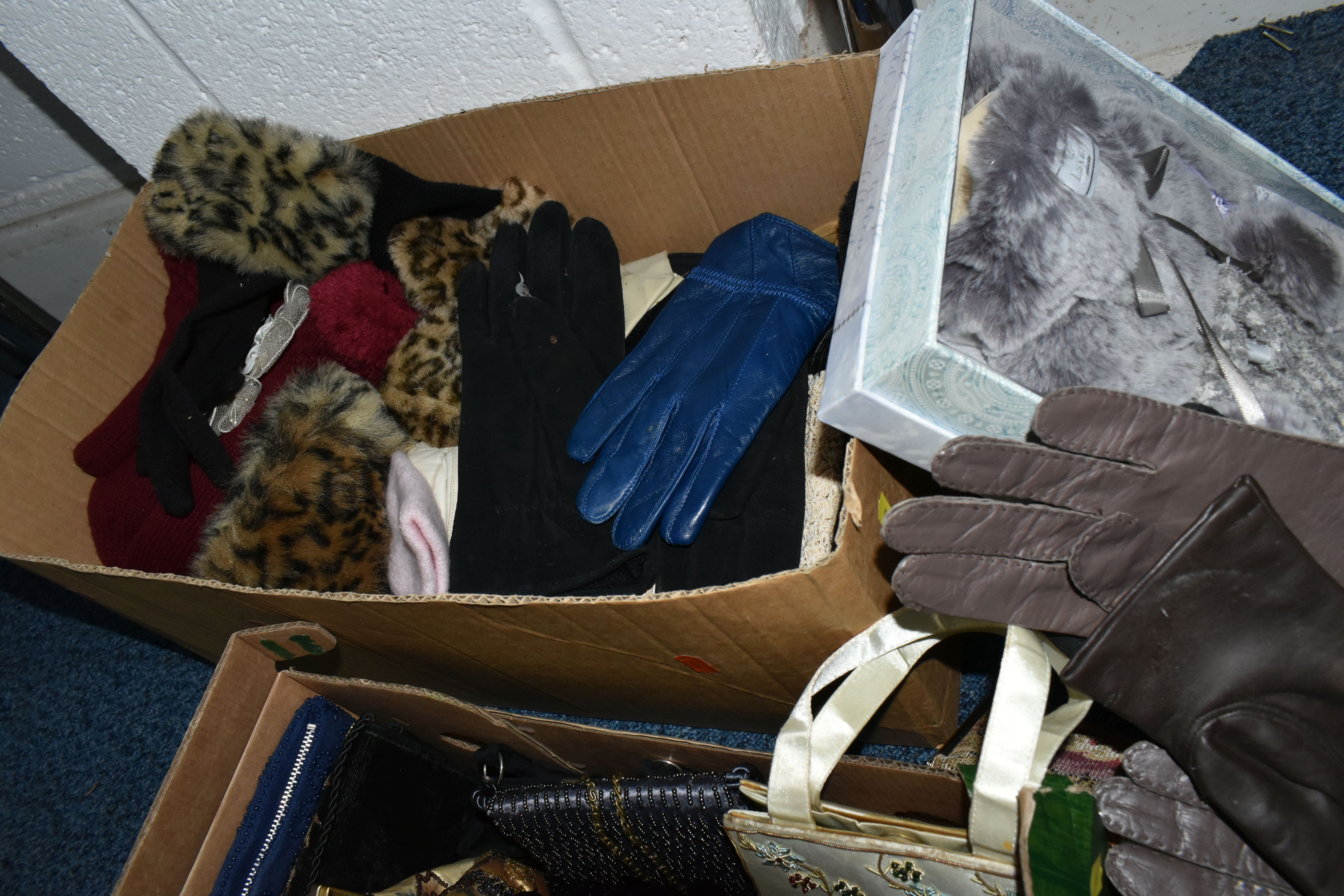 FIVE BOXES AND BAGS OF CLOTHING ACCESSORIES ETC, to include beaded handbags, a box of assorted - Image 7 of 7