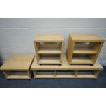 A SET OF FOUR MODERN BEECH WHEELED UNITS, largest unit length 150cm x depth 50cm x height 40cm (