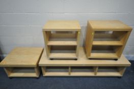 A SET OF FOUR MODERN BEECH WHEELED UNITS, largest unit length 150cm x depth 50cm x height 40cm (