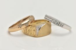 THREE RINGS, the first a 9ct gold diamond star set ring, hallmarked 9ct London, ring size O, a 9ct