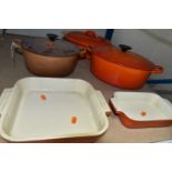 FIVE PIECES OF LE CREUSET AND SIMILAR COOKWARES, comprising a Le Creuset 22 cast iron covered