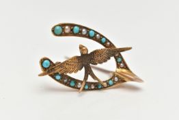 A LATE VICTORIAN GOLD TURQUOISE AND SPLIT PEARL BROOCH, designed as a wishbone set with