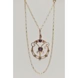 A YELLOW METAL LAVAILER PENDANT AND CHAIN, openwork circular pendant set with amethyst and split