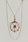 A YELLOW METAL LAVAILER PENDANT AND CHAIN, openwork circular pendant set with amethyst and split