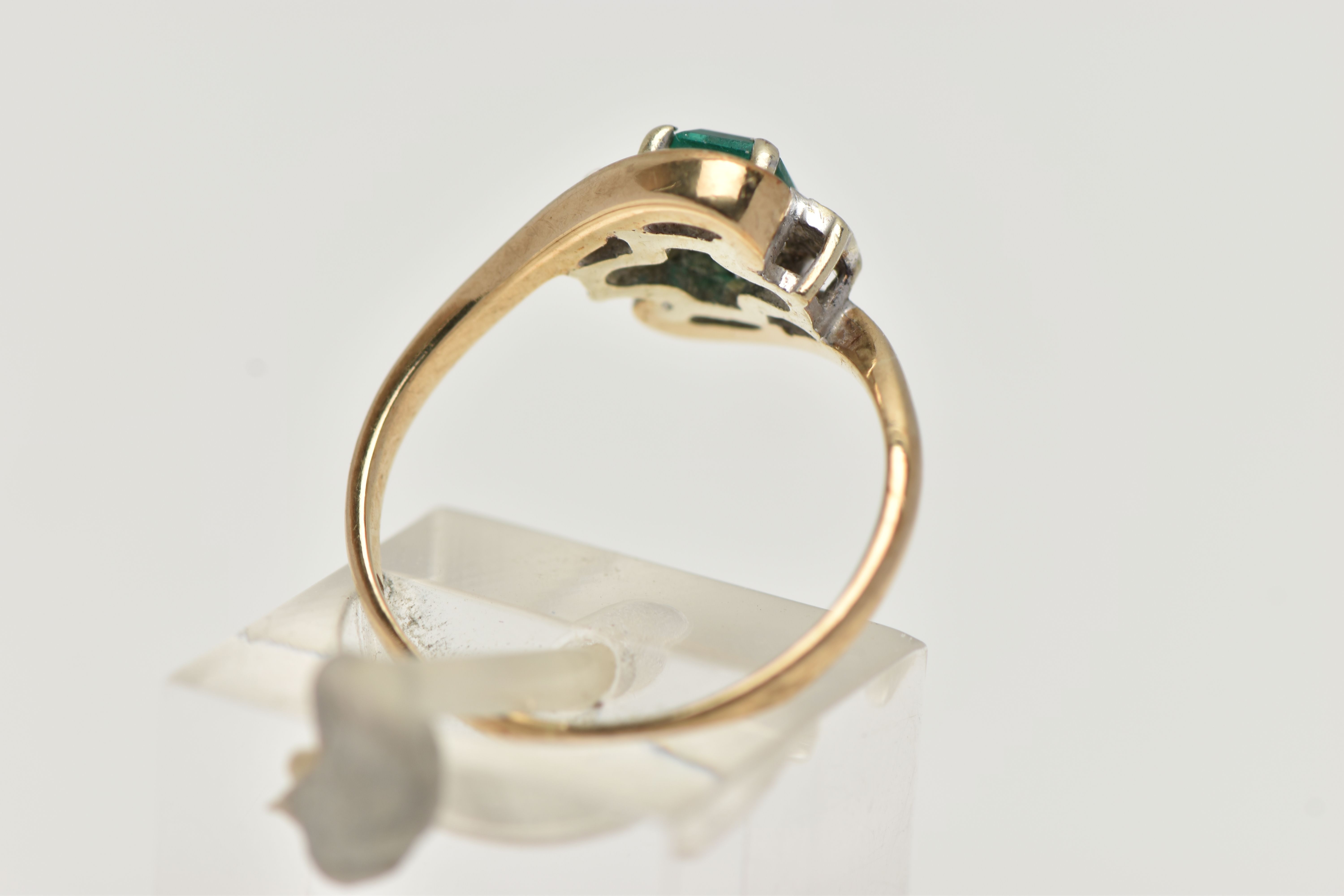 A 9CT GOLD EMERALD AND DIAMOND RING, designed with a rectangular cut emerald in a four claw setting, - Image 3 of 4