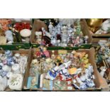 SIX BOXES OF ORNAMENTAL CERAMICS ETC, figures and figurines, bells, pill/patch boxes, modern Chinese