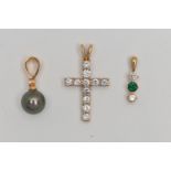 THREE PENDANTS, the first a 9ct gold colourless cubic zirconia set cross, fitted with a split V