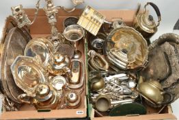 TWO BOXES OF SILVER PLATE, ETC including a Liberty & Co Tudric pewter three piece tea set, sahpe