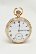 A 9CT GOLD 'J.W.BENSON' OPEN FACE POCKET WATCH, manual wind, round white dial signed 'J.W.Benson,