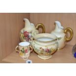 FOUR PIECES OF ROYAL WORCESTER BLUSH IVORY PORCELAIN, each printed and tinted with flowers,