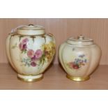 TWO ROYAL WORCESTER BLUSH IVORY COVERED VASES, printed and tinted with floral sprays, shape nos 1312