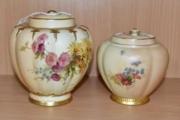 TWO ROYAL WORCESTER BLUSH IVORY COVERED VASES, printed and tinted with floral sprays, shape nos 1312