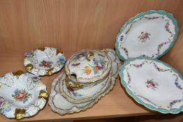 A GROUP OF CONTINENTAL PORCELAIN, comprising a pair of hand painted Minton footed dessert dishes