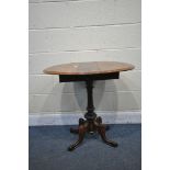 A LATE VICTORIAN BURR WALNUT DROP LEAF PEDESTAL TABLE, with a swivel oval top, two drawer, on a