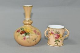 TWO PIECES OF ROYAL WORCESTER BLUSH IVORY PORCELAIN, comprising a bud vase, shape no 799, having a
