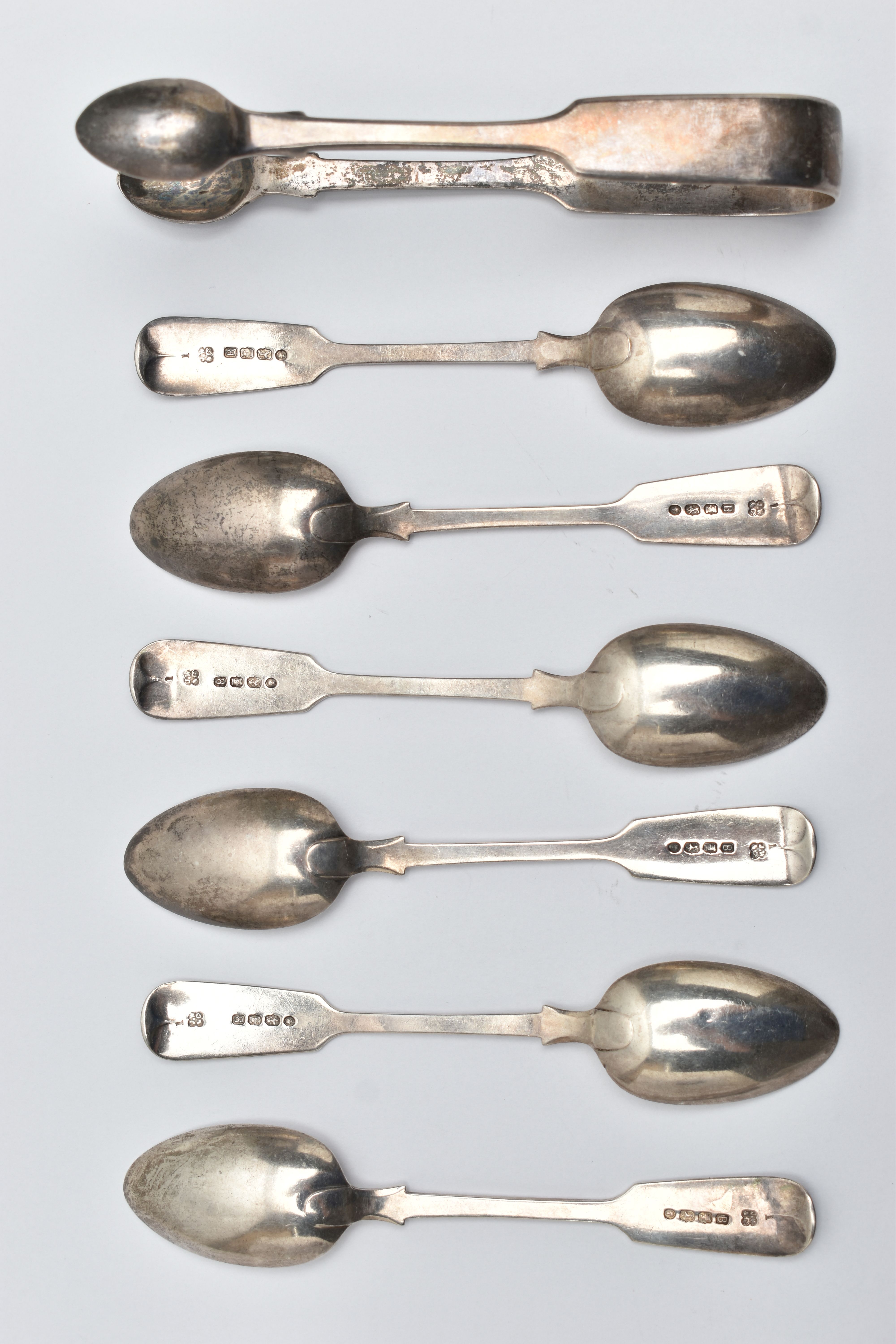 SIX SILVER TEASPOONS AND A PAIR OF SUGAR TONGS, to include six fiddle pattern teaspoons, engraved - Image 3 of 4